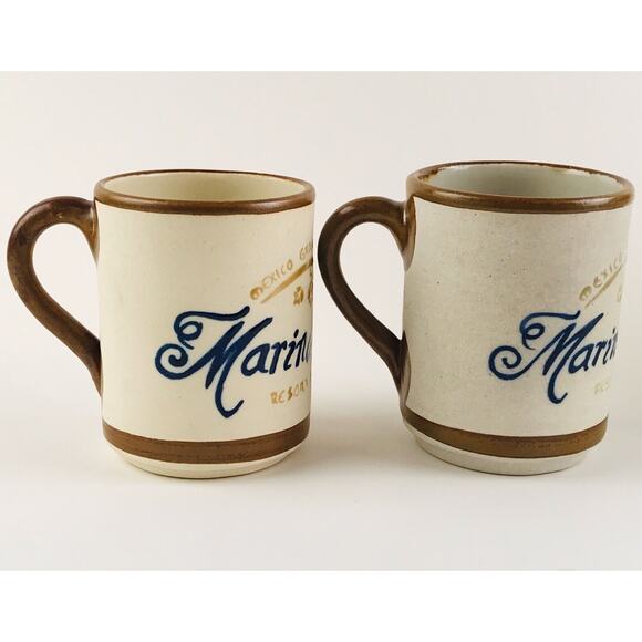 Set 2 Mexican Pottery Stoneware Mugs Signed ROS Mexico Marina Fiesta Hotel Spa - Picture 4 of 8